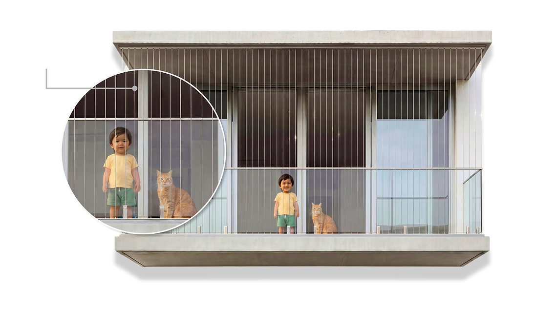Toddler and cat safe on a condo balcony behind an invisible grill in Malaysia
