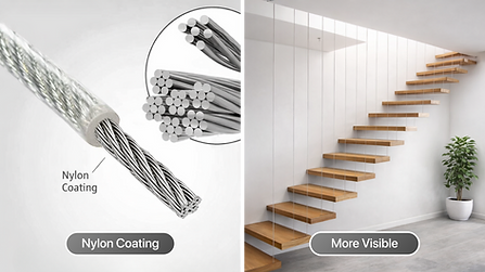 Nylon coating invisible grill wire close-up beside a wooden staircase fitted with the more visible indoor grill