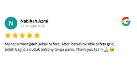 Google review by Nabihah Azmi, 5 stars — cat can sit on the balcony without panic after invisible grill