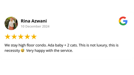 Google review by Rina Azwani, 5 stars — high-floor condo with a baby and two cats, invisible grill a necessity