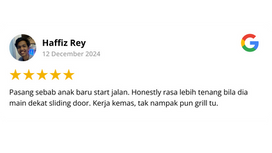 Google review by Haffiz Rey, 5 stars — toddler plays at the sliding door, invisible grill barely visible