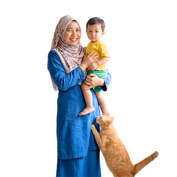 Mother holding her baby beside their cat on a balcony protected by invisible grill