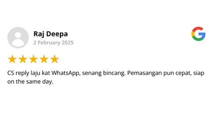 Google review by Raj Deepa, 5 stars — quick WhatsApp replies, invisible grill installed the same day
